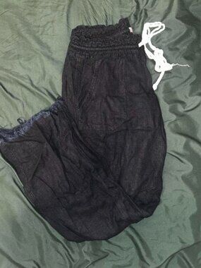 Roxy Black Linen Pants Size S Drawstring Waist Frayed Hem Beach Wide Leg